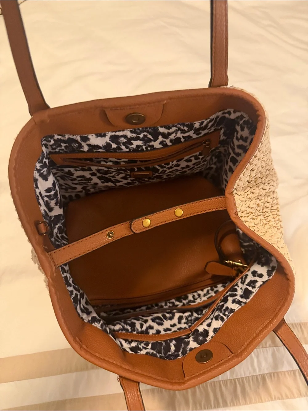 GUESS Vikky 2 in 1 Brown Leather-Trim Straw Tote with Matching Brown Pouch